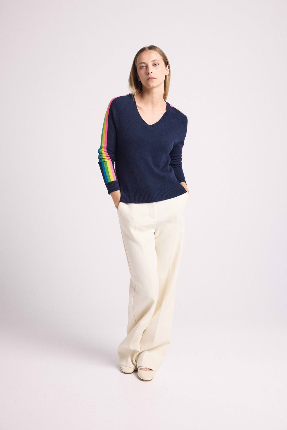 Pull Col V Bandes Arc En Ciel Manches Java - Bleu Marine - Femme