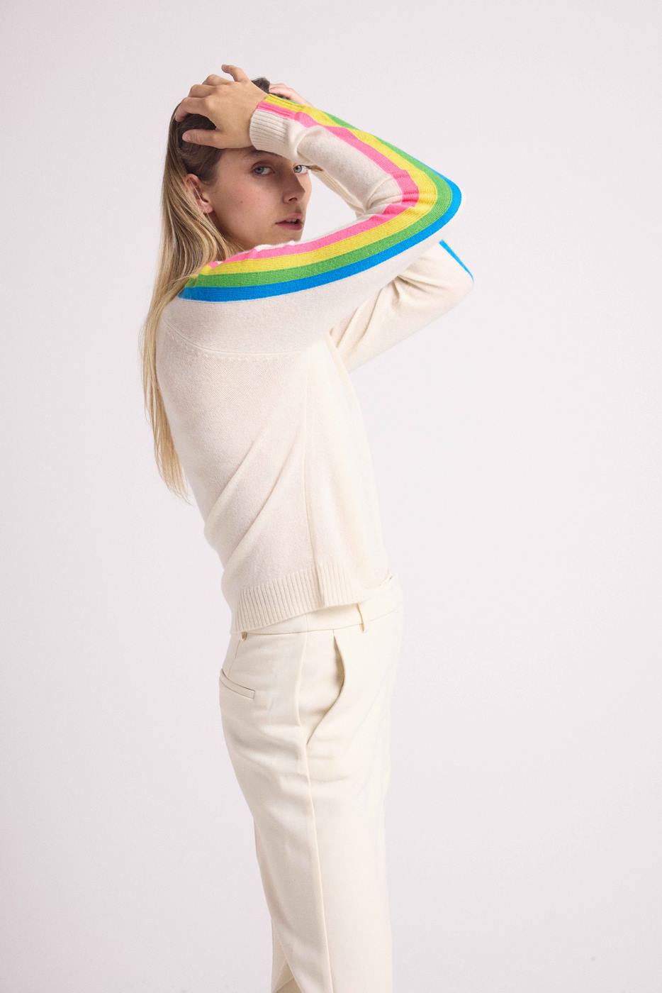 Pull Col V Bandes Arc En Ciel Manches Java - Blanc - Femme