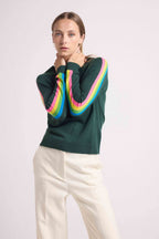 Pull Col V Bandes Arc En Ciel Manches Java - Vert Bouteille