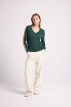Pull Col V Bandes Arc En Ciel Manches Java - Vert Bouteille