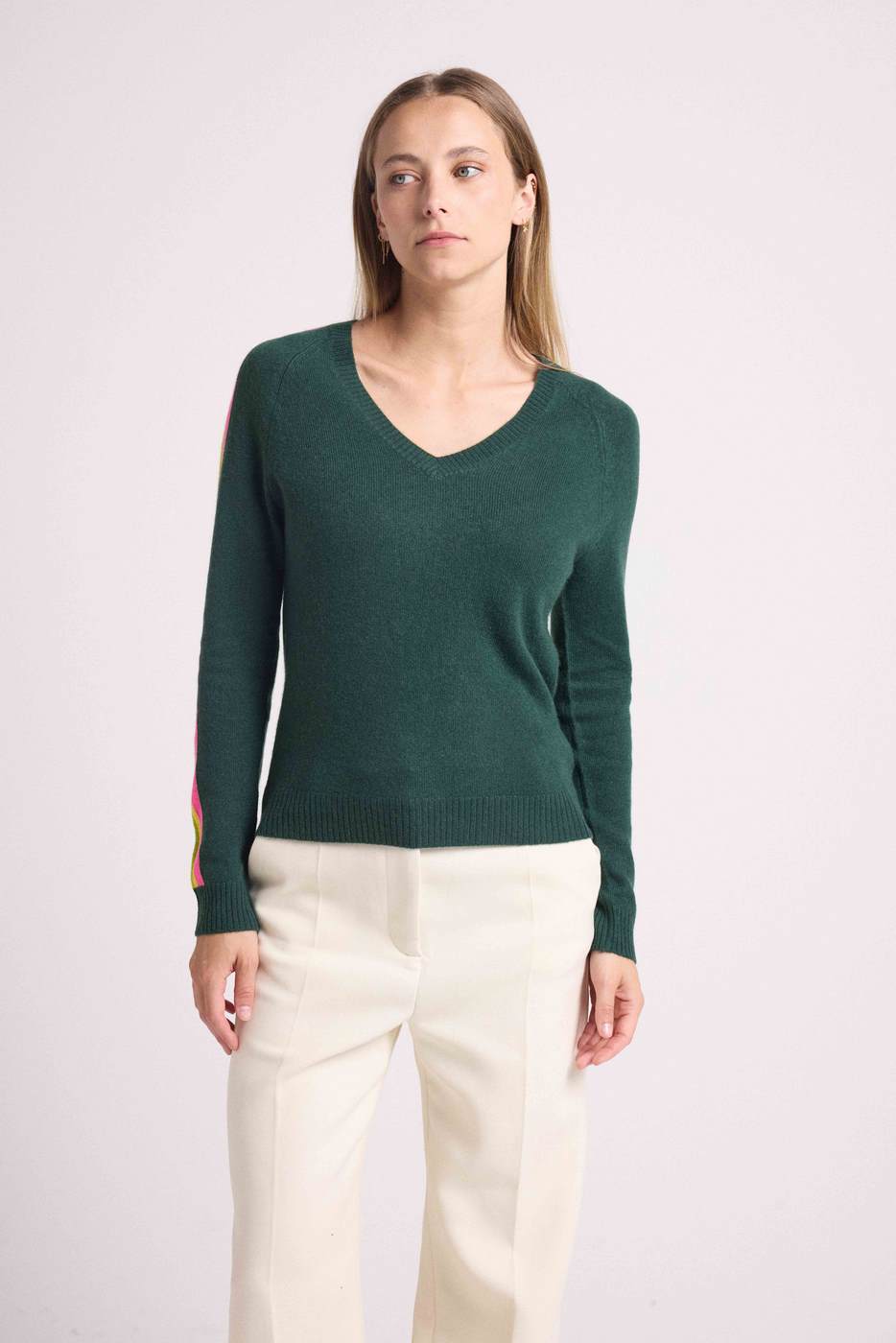 Pull Col V Bandes Arc En Ciel Manches Java - Vert Bouteille