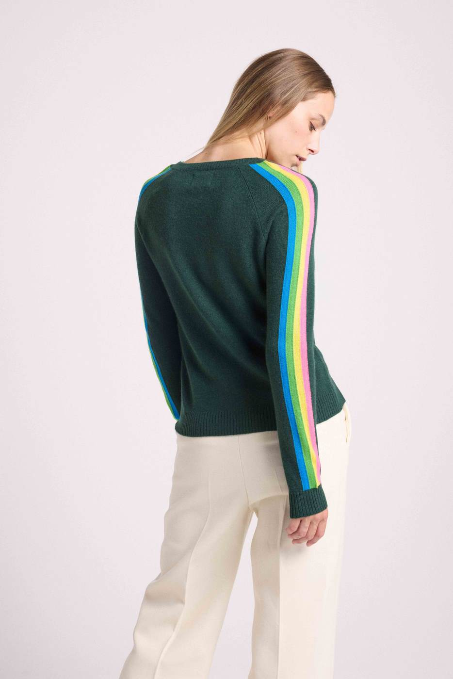 Pull Col V Bandes Arc En Ciel Manches Java - Vert Bouteille