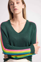 Pull Col V Bandes Arc En Ciel Manches Java - Vert Bouteille