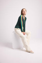 Pull Col V Bandes Arc En Ciel Manches Java - Vert Bouteille