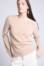 Rundhalset Striktrøje Med Guldpolkaprikker Josephine - Beige Og Guld - Dame - 100% Kashmir