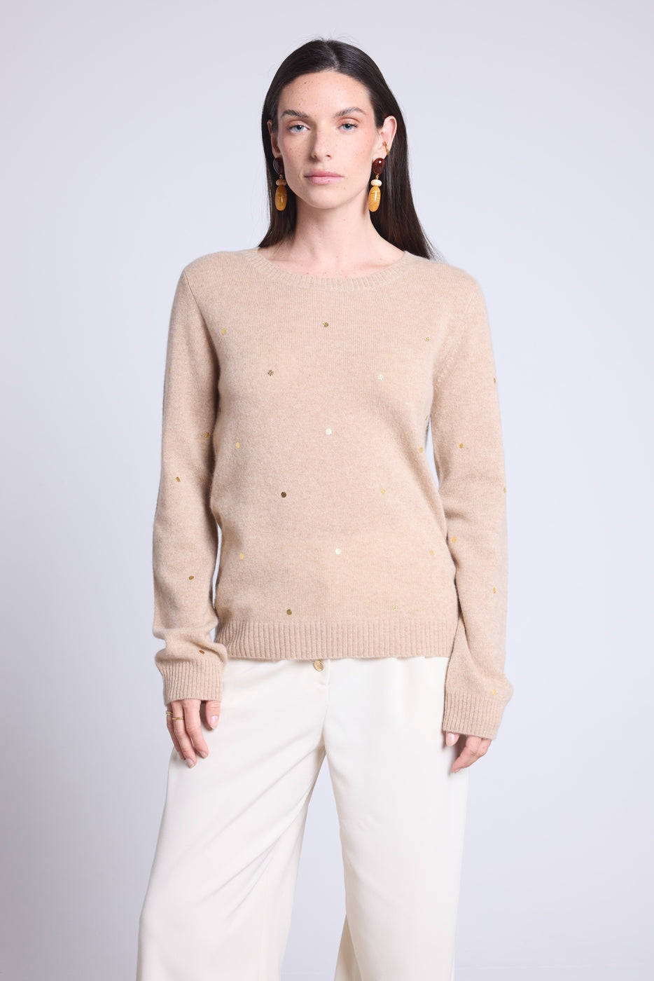 Rundhalset Striktrøje Med Guldpolkaprikker Josephine - Beige Og Guld - Dame - 100% Kashmir