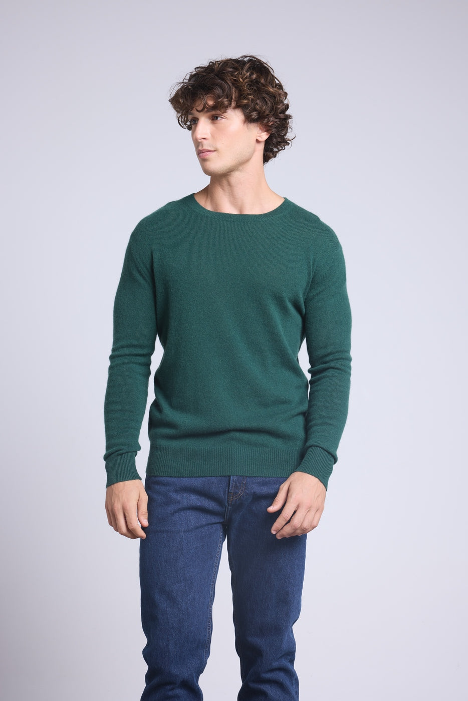 Josh Strikbluse med Rund Hals - Flaskegrøn - Herre - 100% Kashmir