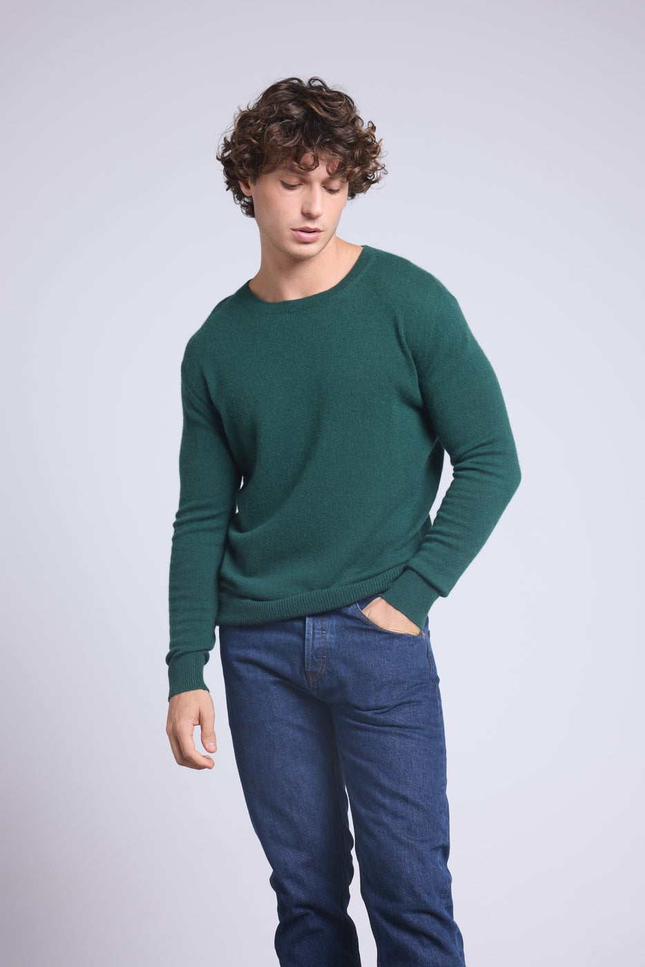 Josh Strikbluse med Rund Hals - Flaskegrøn - Herre - 100% Kashmir