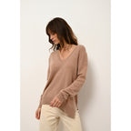 Sweter z dekoltem w serek z przodu i na plecach - Opal - Melanżowy Camel