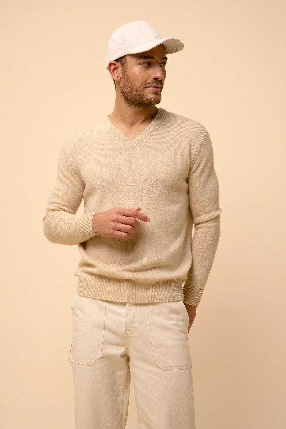 V-Ausschnitt-Pullover 4-fädig - Nathan - Sand