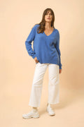 V-Neck Sweater Front And Back - Opal - Denim Blue