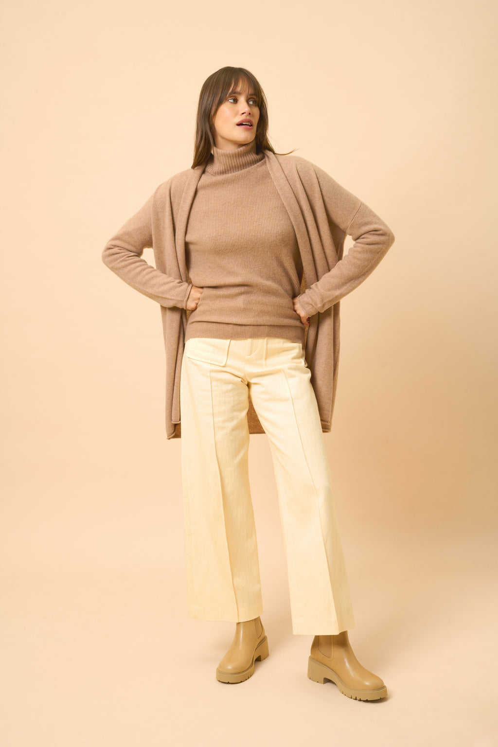 Veste Longue Ouverte Col Châle - Maddie - Camel Chiné