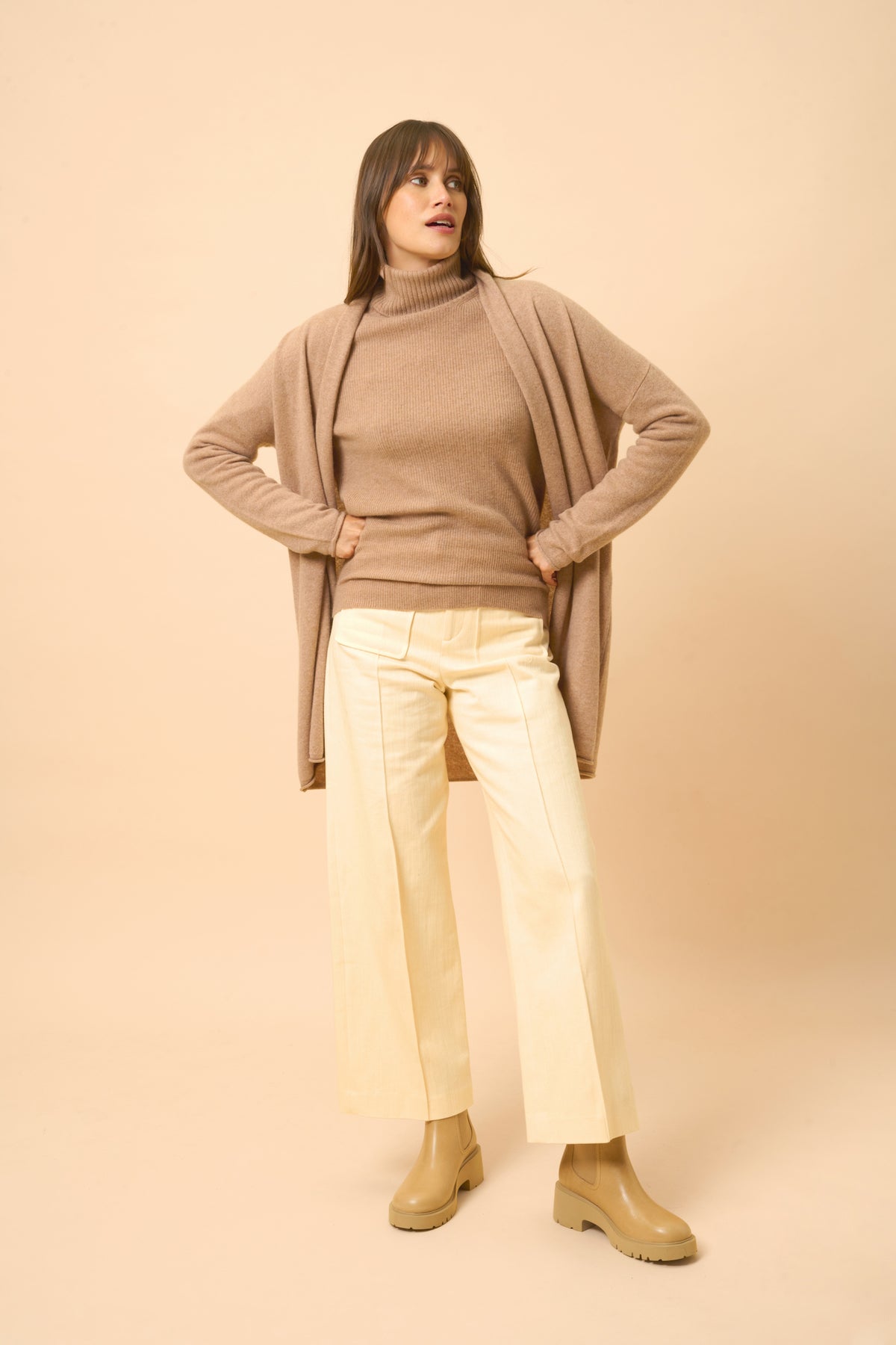 Veste Longue Ouverte Col Châle - Maddie - Camel Chiné