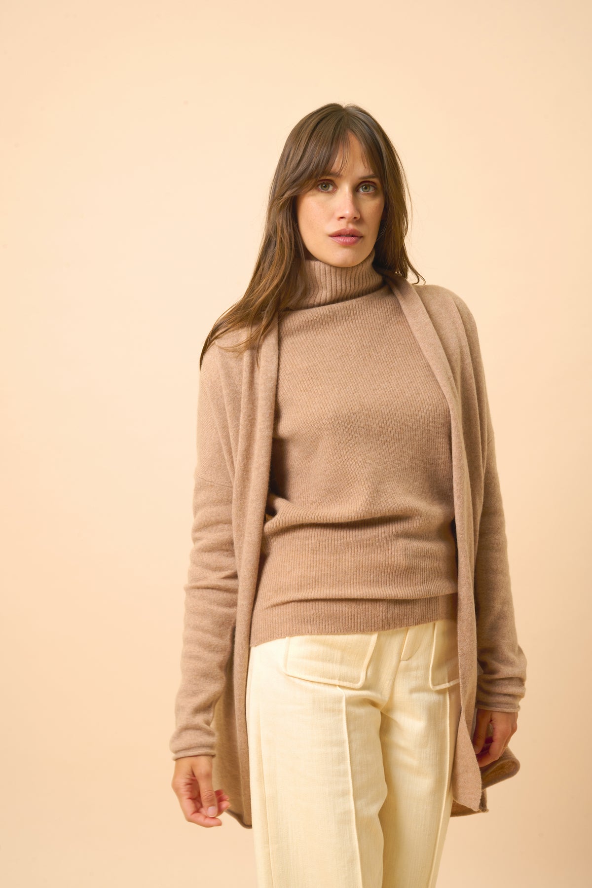 Veste Longue Ouverte Col Châle - Maddie - Camel Chiné