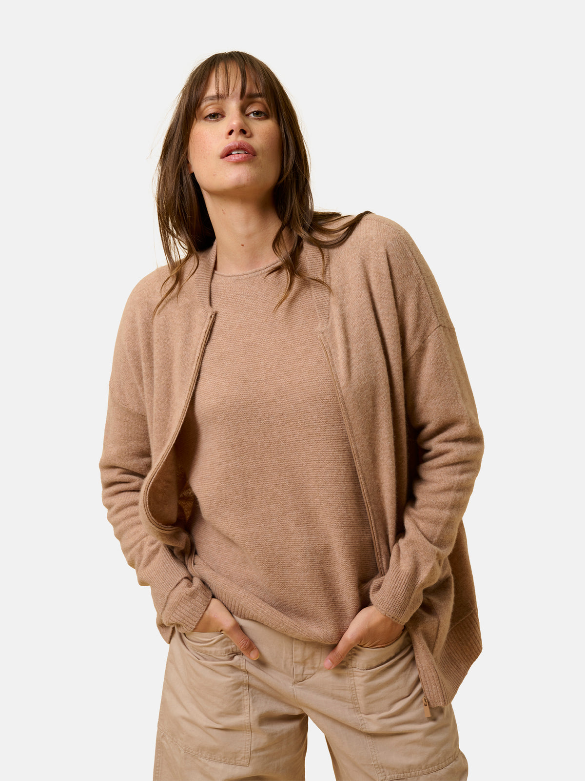 Gilet Zippé Col Mao - Ervie - Camel Chiné