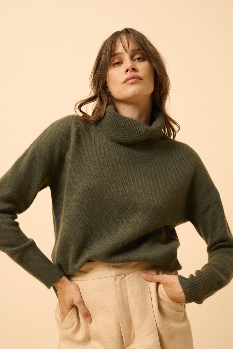 4 Yarn Turtleneck Sweater - Romane - Khaki