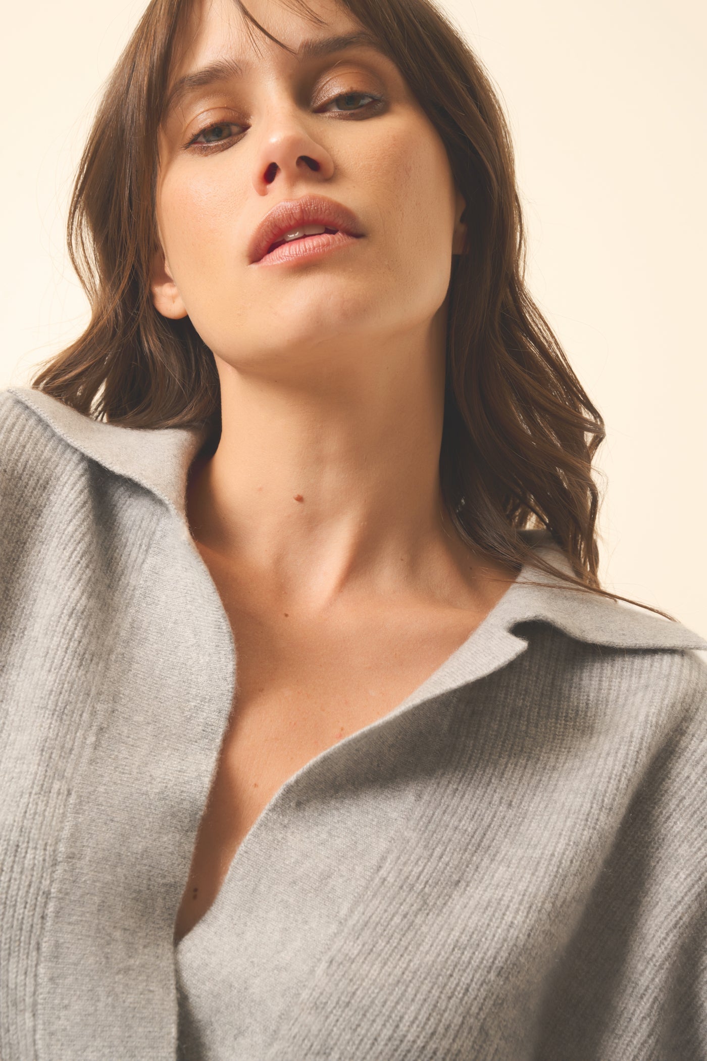 Just Cashmere - Garcia Long Sleeve Crossover V-Neck Polo Shirt - 100% 2-Ply Cashmere - Heather Mouse Gray - Women