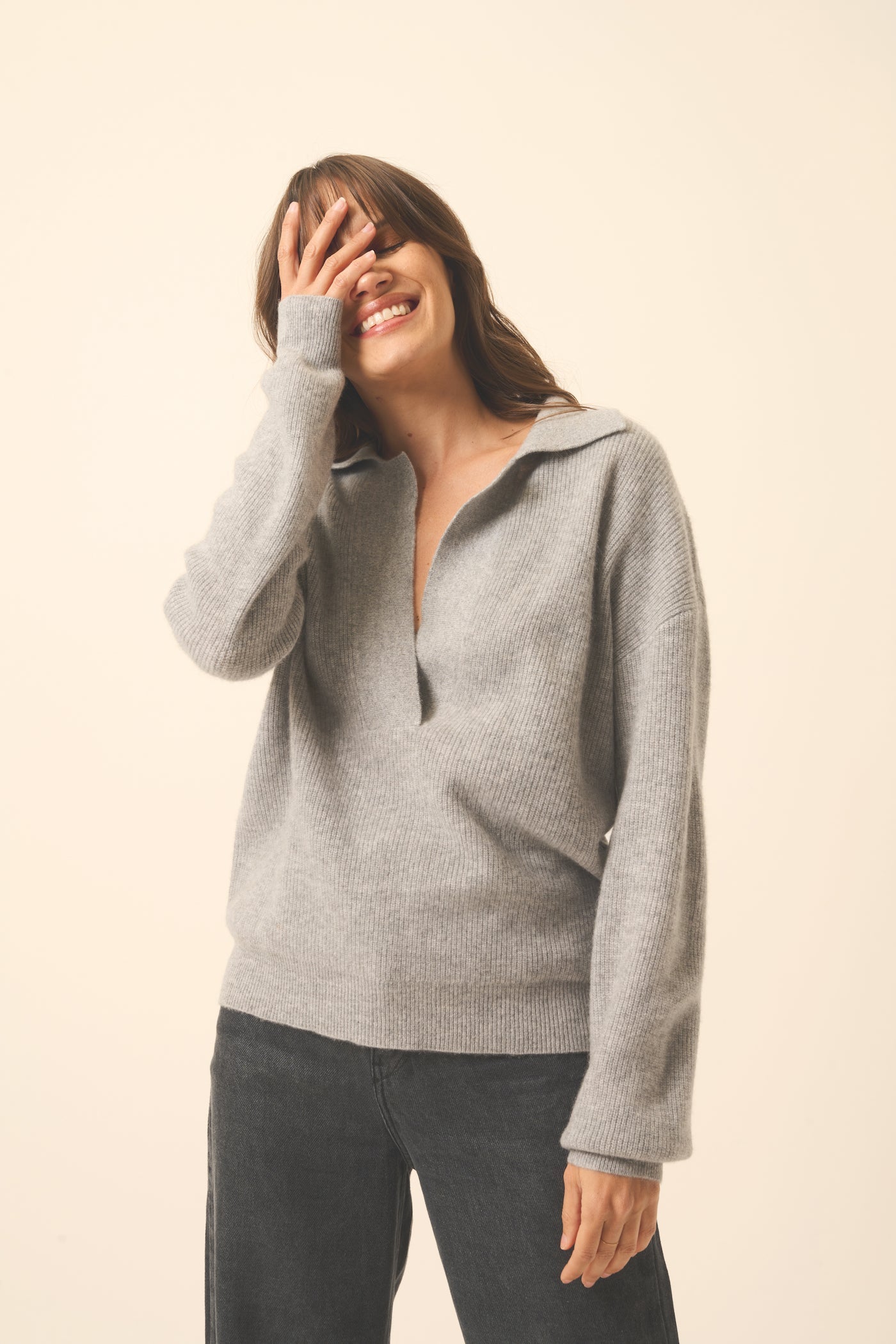 Just Cashmere - Garcia Long Sleeve Crossover V-Neck Polo Shirt - 100% 2-Ply Cashmere - Heather Mouse Gray - Women
