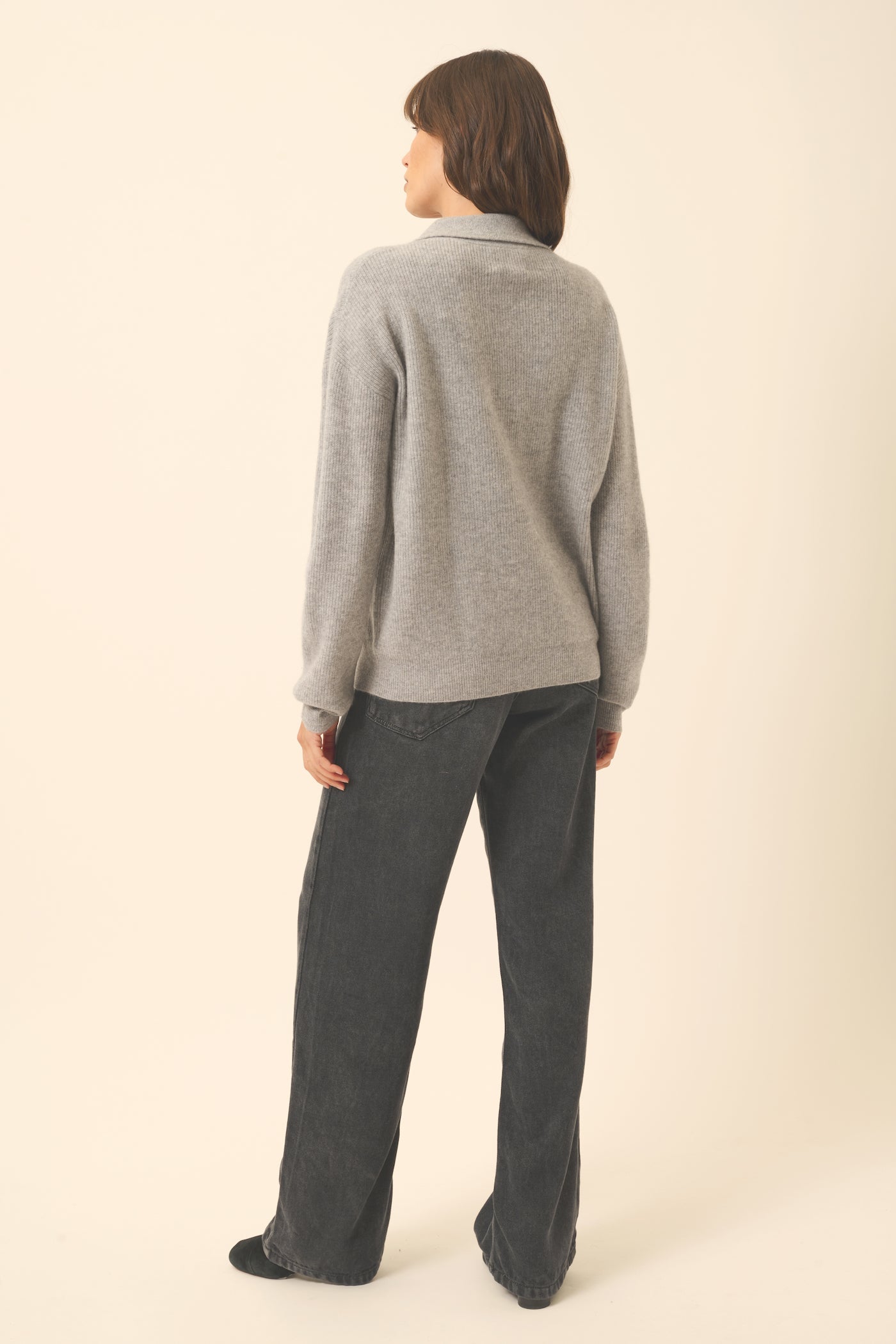 Just Cashmere - Garcia Long Sleeve Crossover V-Neck Polo Shirt - 100% 2-Ply Cashmere - Heather Mouse Gray - Women