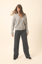 Just Cashmere - Garcia Long Sleeve Crossover V-Neck Polo Shirt - 100% 2-Ply Cashmere - Heather Mouse Gray - Women