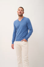 Maglione Scollo a V Walt - 100% Cashmere 2 Fili - Blu Denim - Uomo