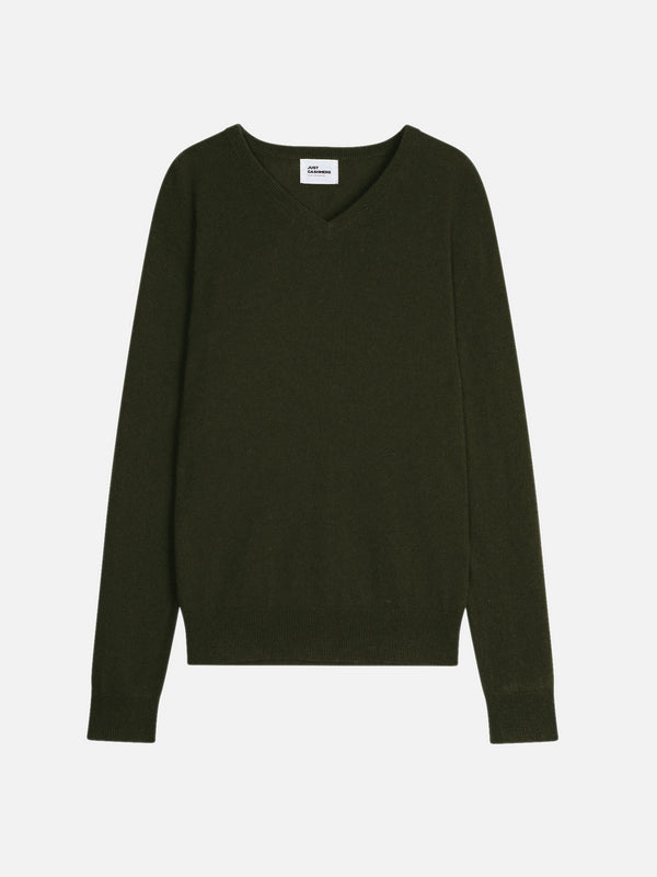 Męski sweter z dekoltem w serek – Walt – 100% kaszmir, 2-nitkowy – Khaki