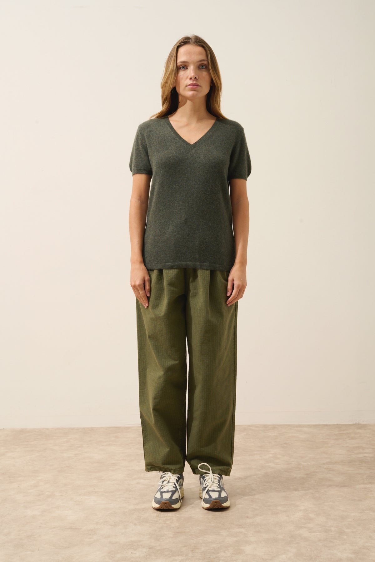T-Shirt Col V - Glamis - Kaki Chiné