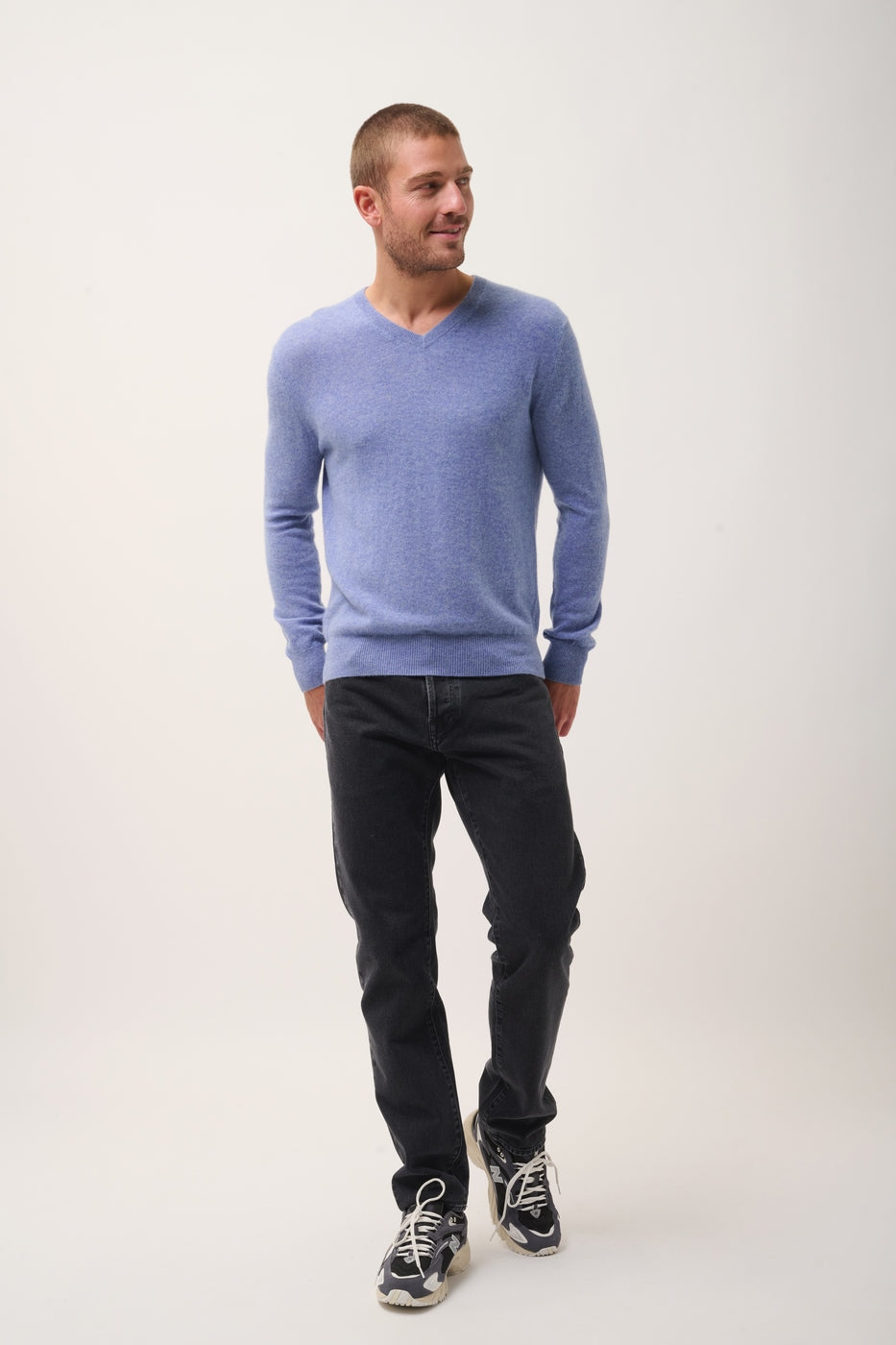 Maglione Scollo a V -Walt-100% Cashmere, 2 Fili-Sky Chiné-Uomo