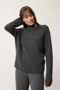 Pull Col Montant-Alyssa-100% Cachemire, 2 Fils-Carbone Chiné-Femme