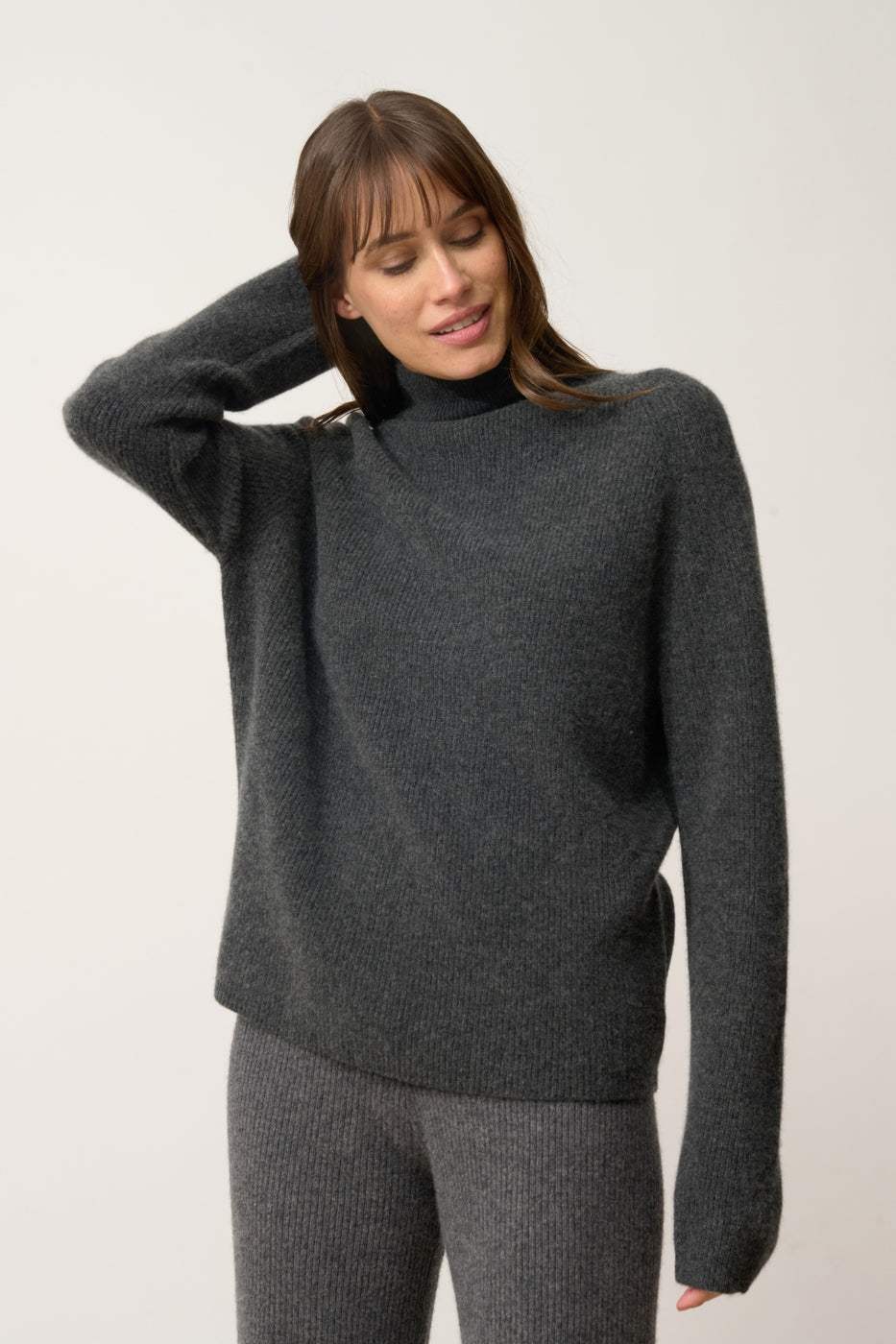 Pull Col Montant-Alyssa-100% Cachemire, 2 Fils-Carbone Chiné-Femme