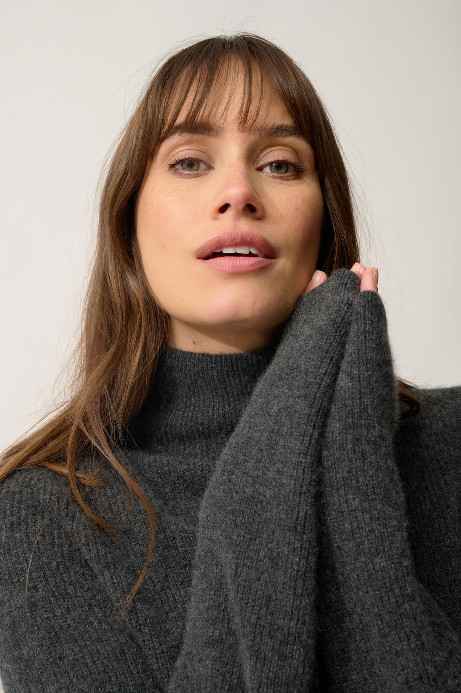 Pull Col Montant-Alyssa-100% Cachemire, 2 Fils-Carbone Chiné-Femme