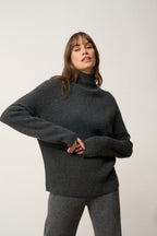 Pull Col Montant-Alyssa-100% Cachemire, 2 Fils-Carbone Chiné-Femme