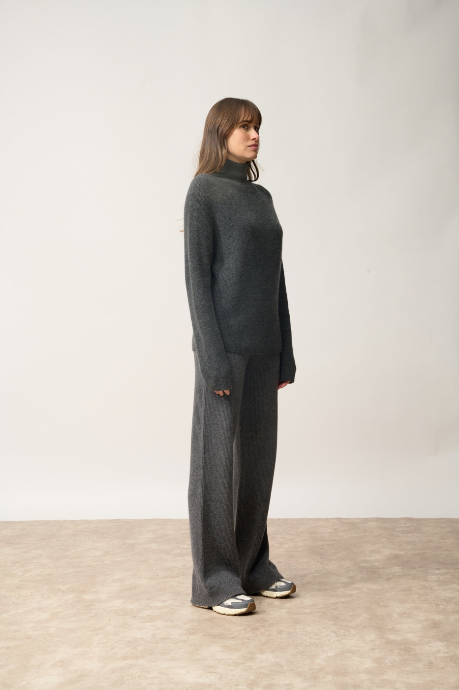 Pull Col Montant-Alyssa-100% Cachemire, 2 Fils-Carbone Chiné-Femme