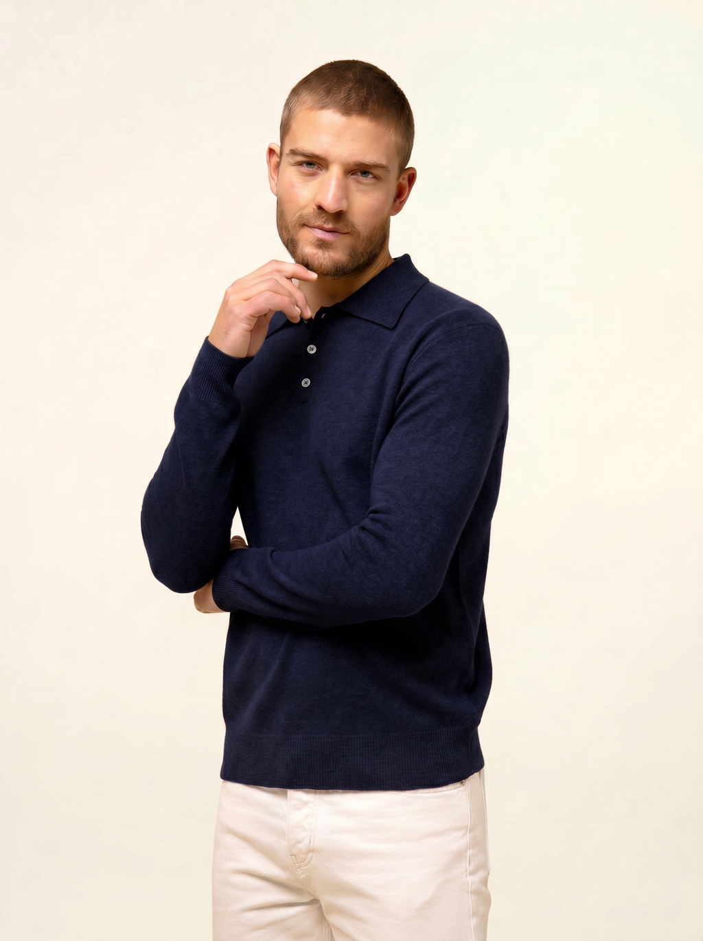 Long-Sleeved Polo Shirt - Douglas - 100% Cashmere, 2-Ply - Caviar - Men
