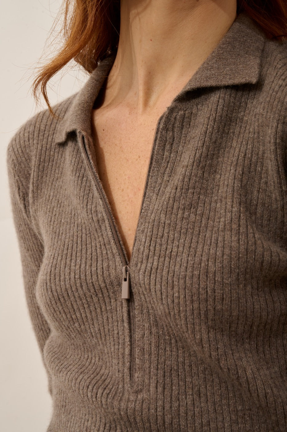 Long-Sleeved Zip-Neck Polo - Kristjan - Taupe Chiné