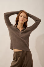 Long-Sleeved Zip-Neck Polo - Kristjan - Taupe Chiné