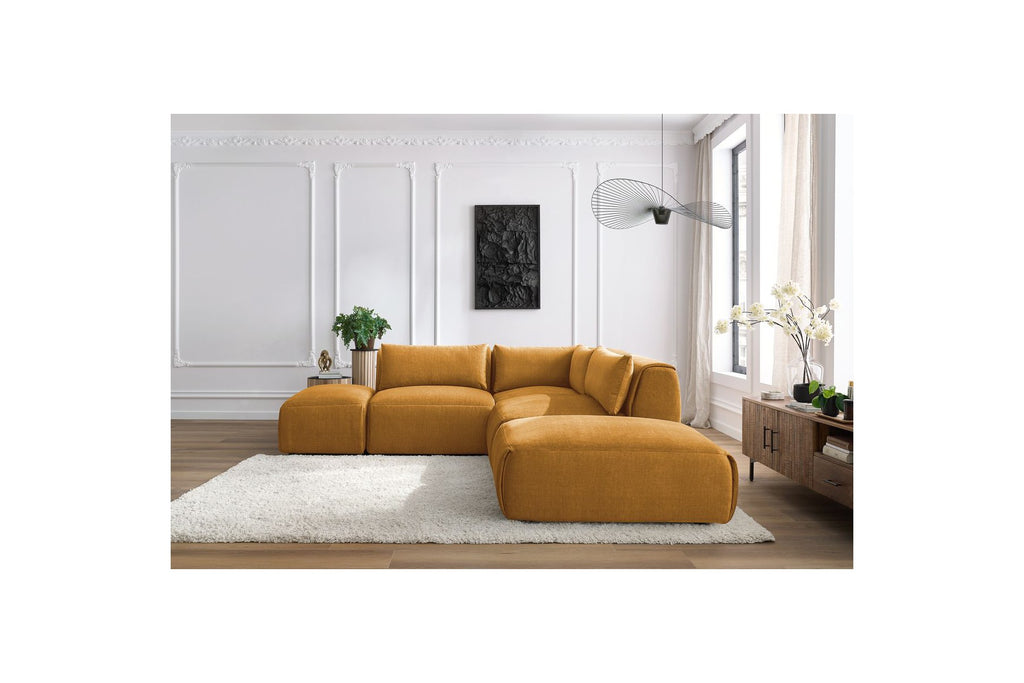 Jeanne - Canapé D'Angle Fixe Modulable - Tissu Velours Avec 2 Chauffeuses, 1 Angle Et 2 Poufs