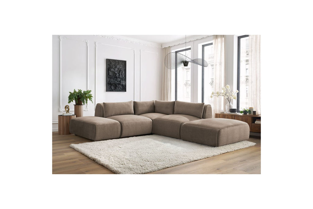 Jeanne - Canapé D'Angle Fixe Modulable - Tissu Velours Avec 2 Chauffeuses, 1 Angle Et 2 Poufs