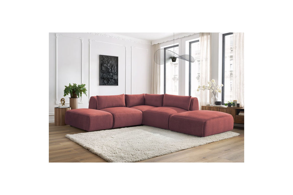 Jeanne - Canapé D'Angle Fixe Modulable - Tissu Velours Avec 2 Chauffeuses, 1 Angle Et 2 Poufs