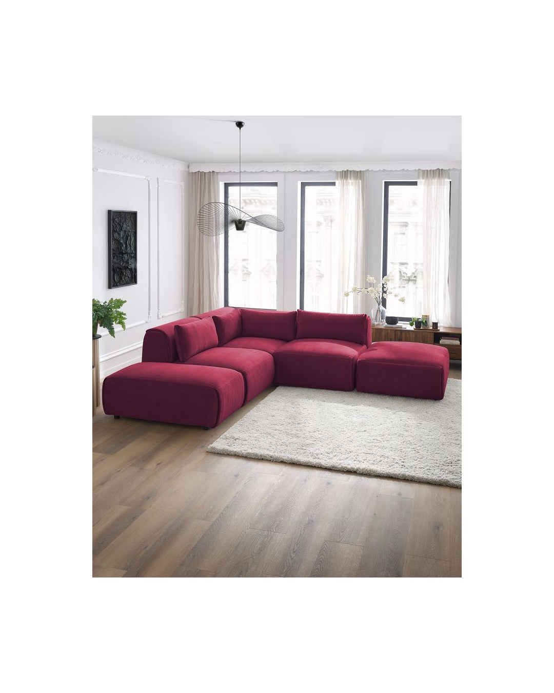 Jeanne - Canapé D'Angle Fixe Modulable - Tissu Velours Avec 2 Chauffeuses, 1 Angle Et 2 Poufs