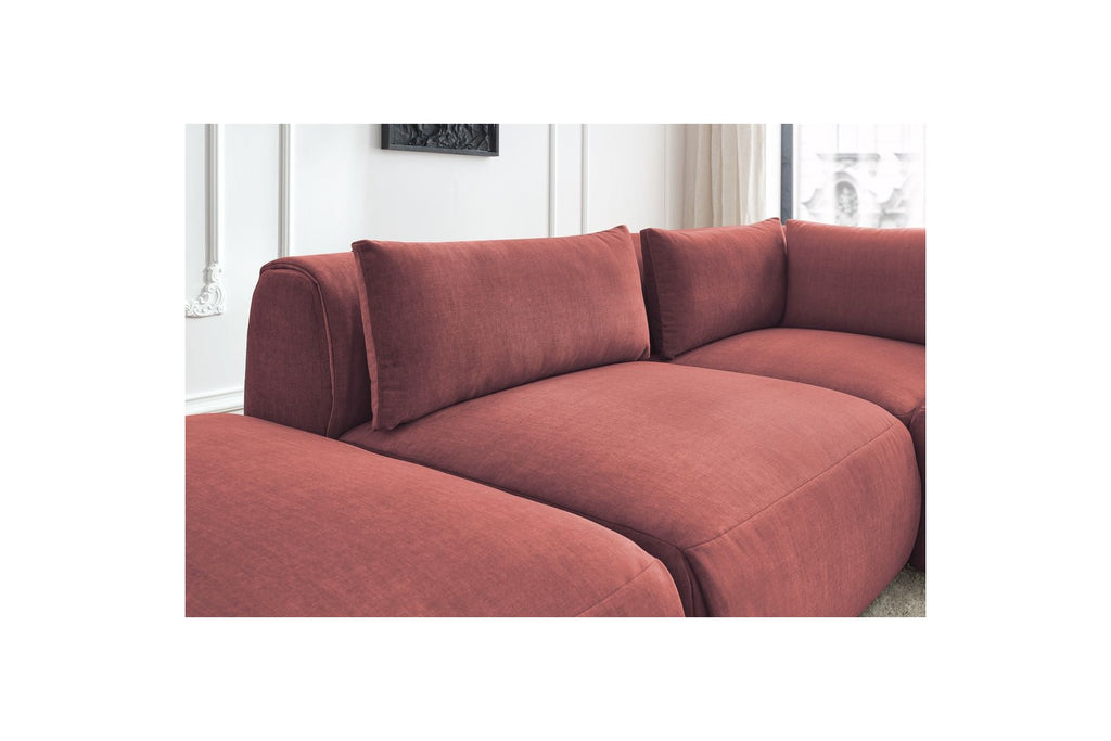 Jeanne - Canapé D'Angle Fixe Modulable - Tissu Velours Avec 2 Chauffeuses, 1 Angle Et 2 Poufs
