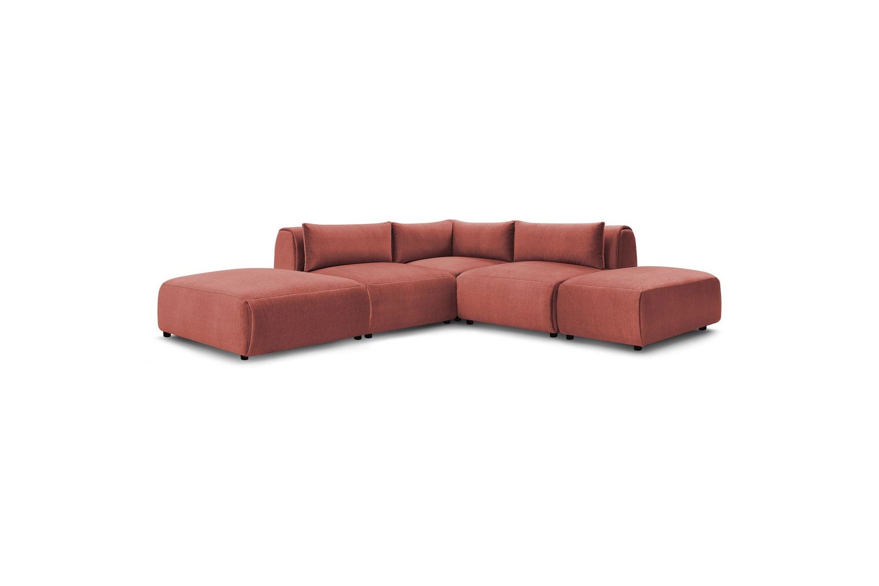 Jeanne - Canapé D'Angle Fixe Modulable - Tissu Velours Avec 2 Chauffeuses, 1 Angle Et 2 Poufs
