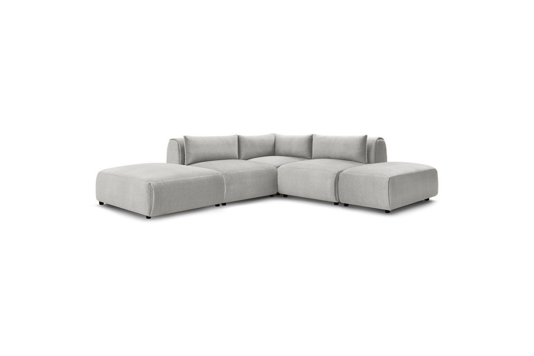 Jeanne - Canapé D'Angle Fixe Modulable - Tissu Velours Avec 2 Chauffeuses, 1 Angle Et 2 Poufs