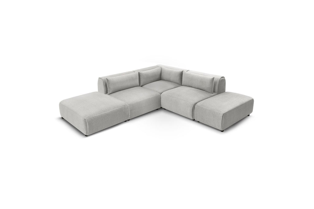 Jeanne - Canapé D'Angle Fixe Modulable - Tissu Velours Avec 2 Chauffeuses, 1 Angle Et 2 Poufs