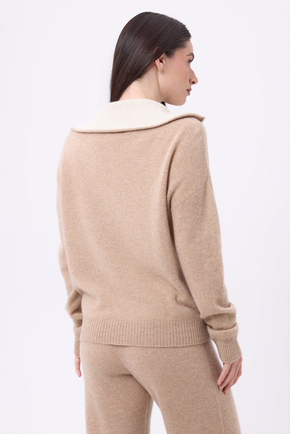 Maglione Kalon con Ampio Collo Alto Zip - Beige Crema - Donna - 100% Cashmere