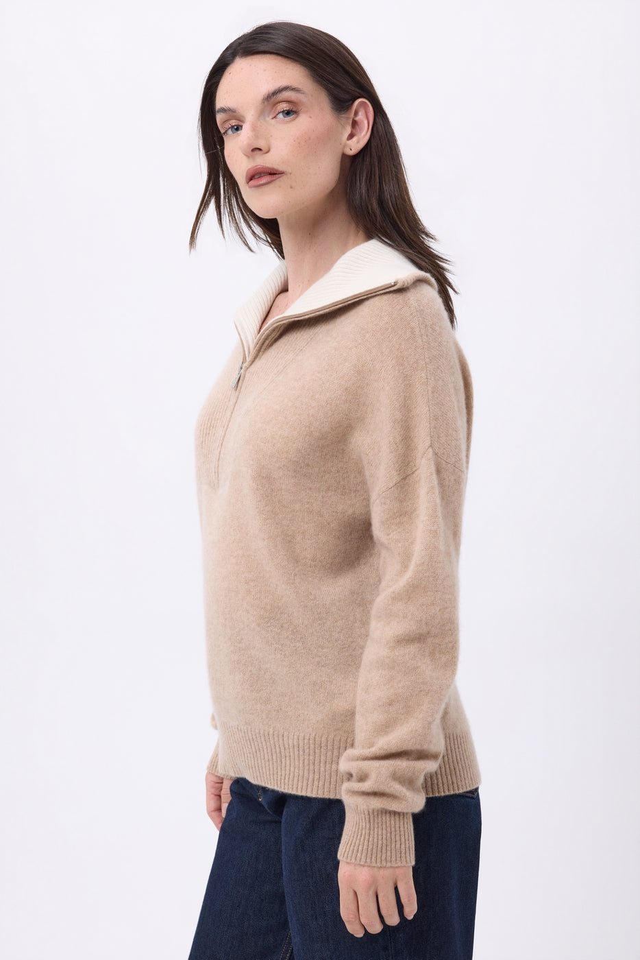 Maglione Kalon con Ampio Collo Alto Zip - Beige Crema - Donna - 100% Cashmere