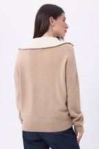 Maglione Kalon con Ampio Collo Alto Zip - Beige Crema - Donna - 100% Cashmere