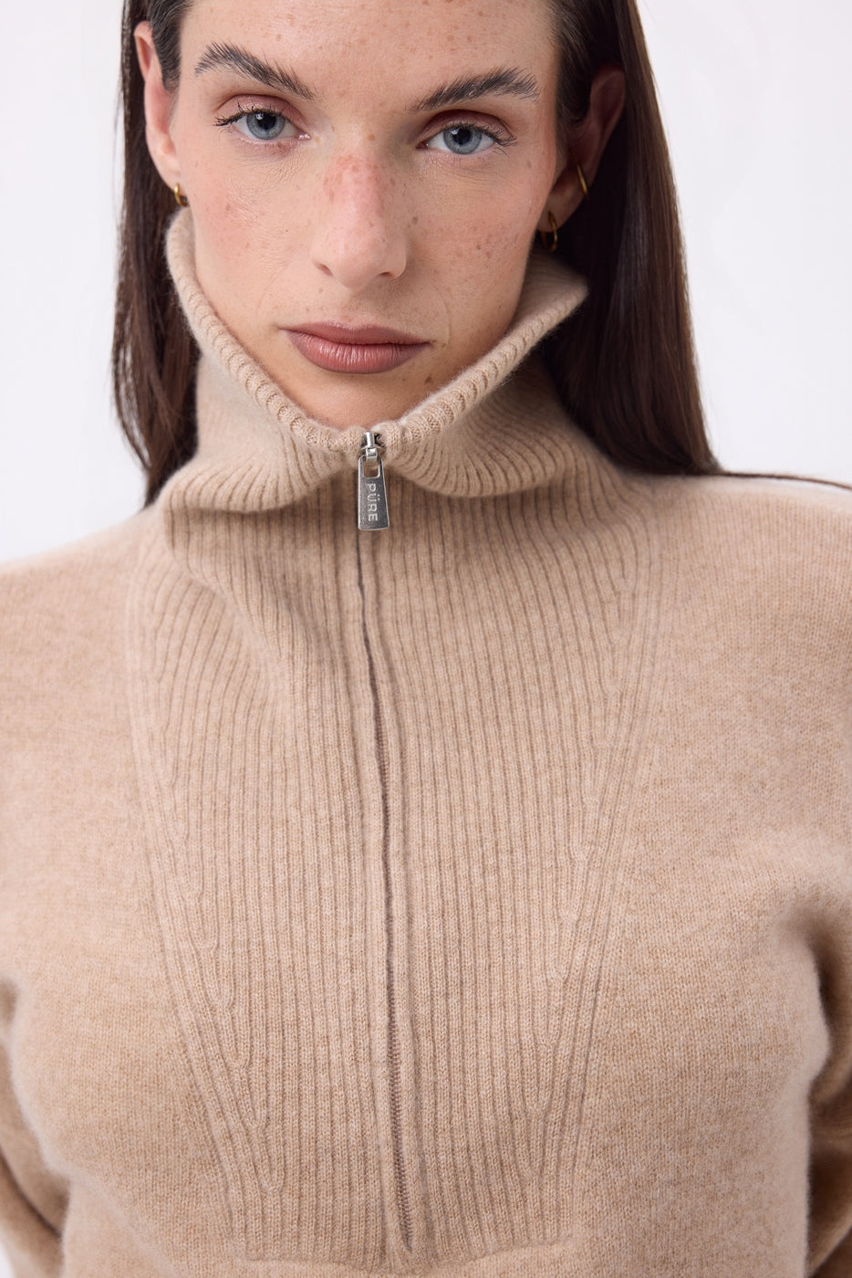 Maglione Kalon con Ampio Collo Alto Zip - Beige Crema - Donna - 100% Cashmere