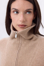Maglione Kalon con Ampio Collo Alto Zip - Beige Crema - Donna - 100% Cashmere