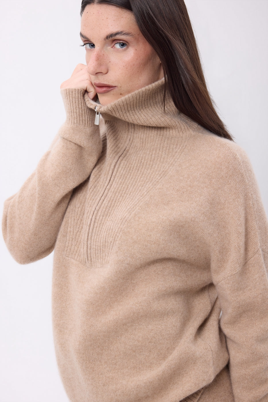 Maglione Kalon con Ampio Collo Alto Zip - Beige Crema - Donna - 100% Cashmere